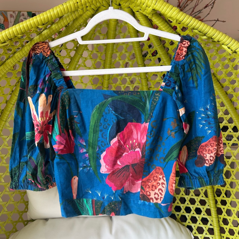 Farm Rio blue shirt with multicolored floral and tropical pattern. Size S.